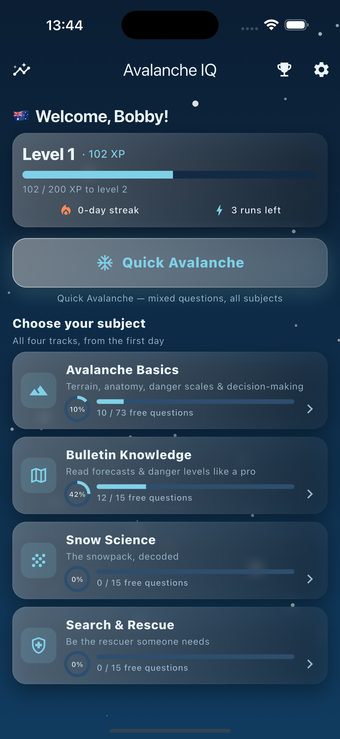 Avalanche IQ home screen: daily quiz, streak and progress at a glance